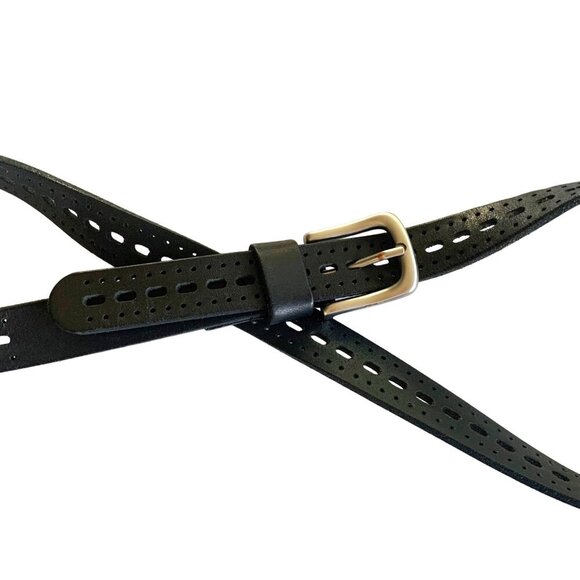 Genuine Leather Perforated Black Belt Silver Buckle Womens Size ML Made in India - Picture 1 of 6